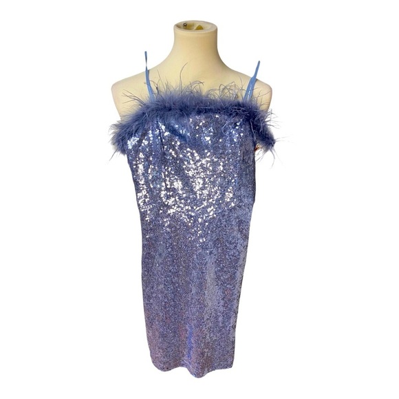 NWT Emerald Sundae Feather Trim Sequin Bodycon Dress in Ice Blue - Picture 2 of 6
